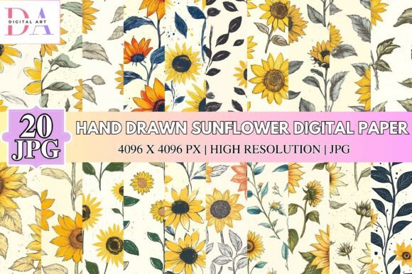 Hand Drawn Sunflower Digital Paper: Elevating Creativity with Botanical Elegance
