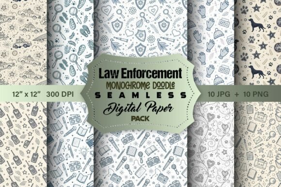 Law Enforcement Monochrome Doodle Seamless Digital Paper Pack